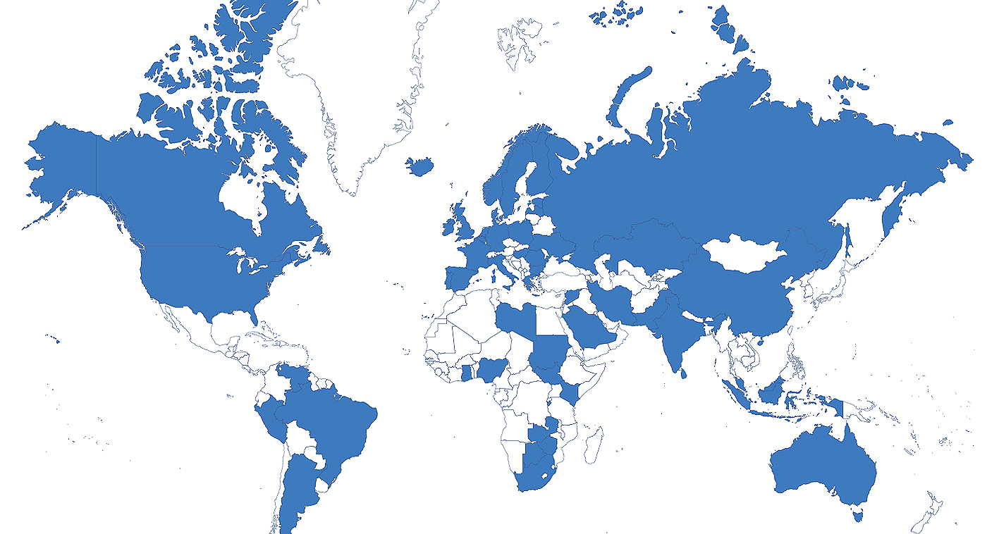 A map of the world illustrating TestLink USA’s ATM service locations